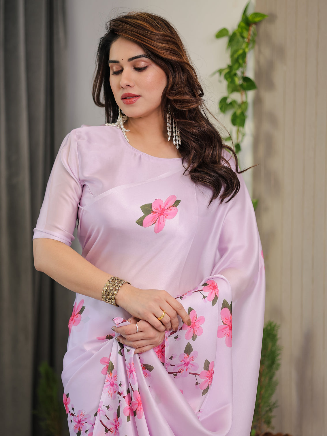 Blush pink satin georgette floral printed saree with attached blouse soft cherry blossom designer drape
