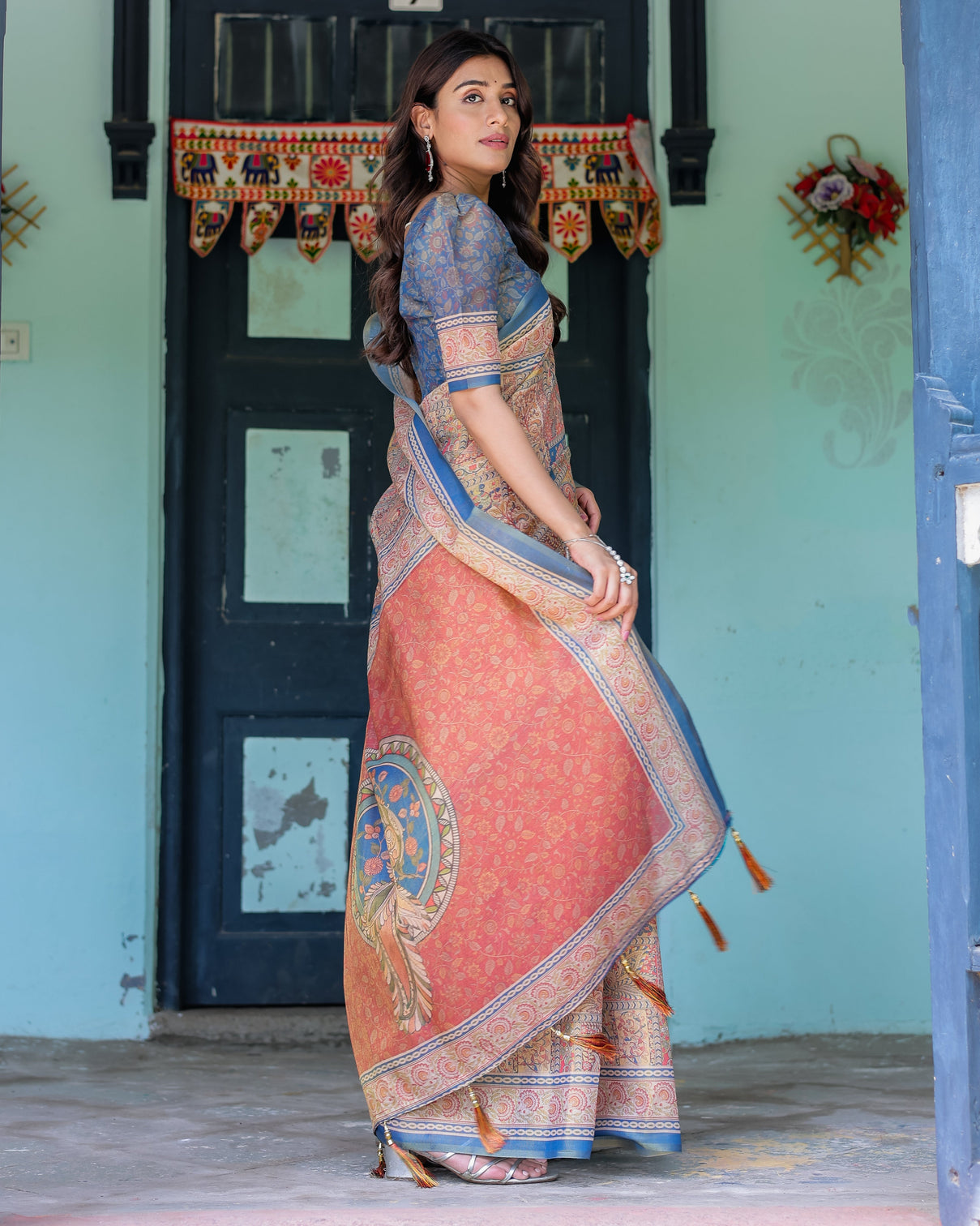 Rust blue handloom cotton saree with classical dancer motif and patchwork digital print