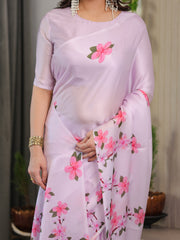Blush pink satin georgette floral printed saree with attached blouse soft cherry blossom designer drape