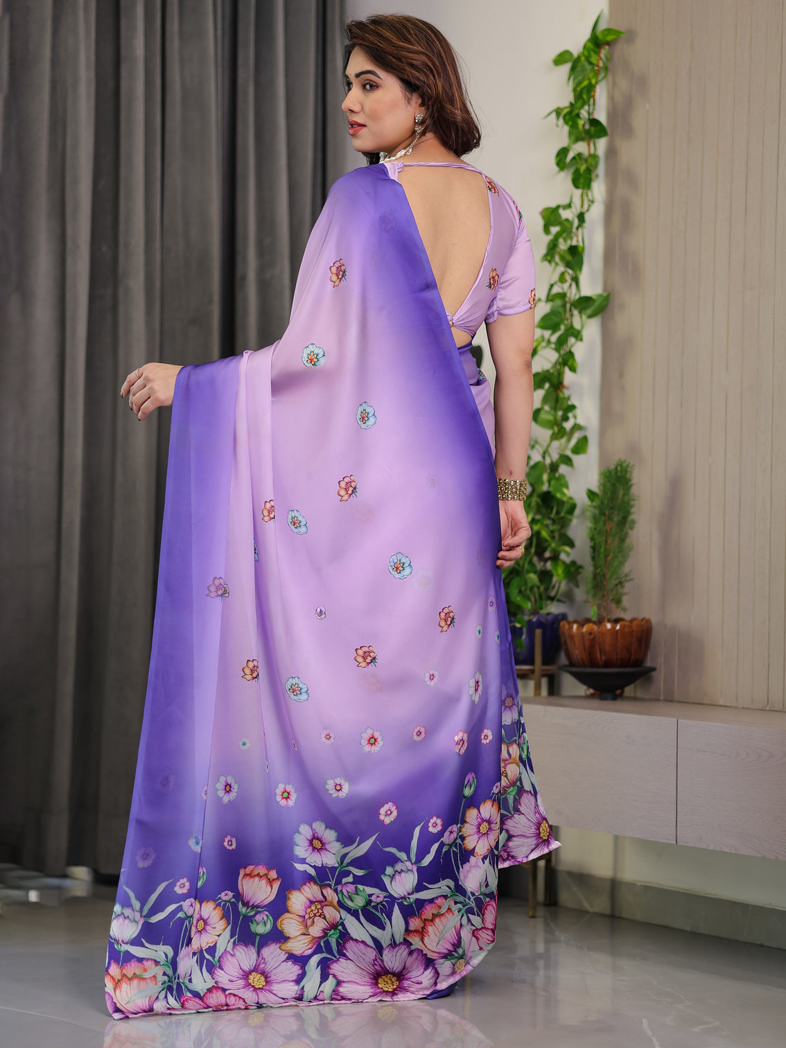 Lavender royal purple ombre satin georgette floral printed saree with attached blouse soft pastel bloom designer drape