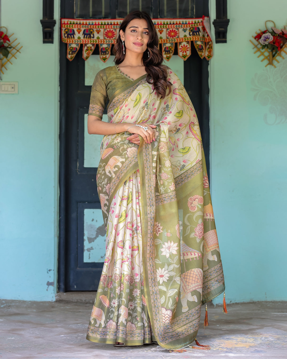 Olive green ivory handloom cotton saree with lotus blooms and royal elephant motifs mameraa