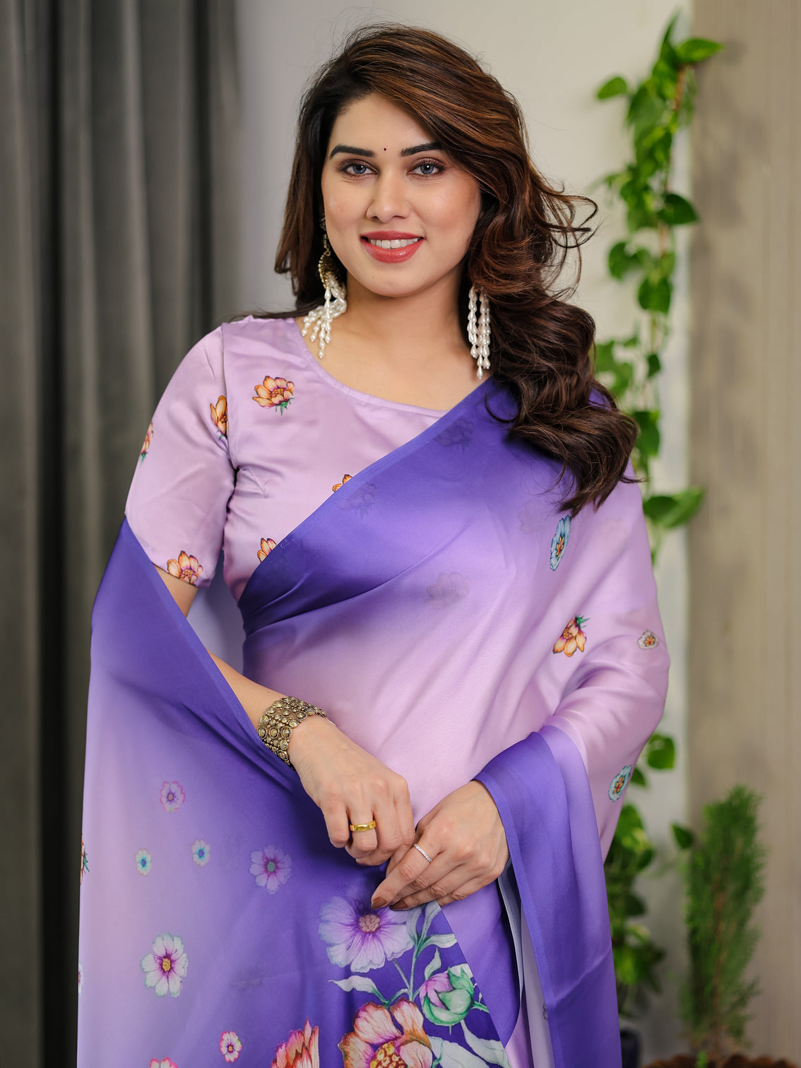Lavender royal purple ombre satin georgette floral printed saree with attached blouse soft pastel bloom designer drape
