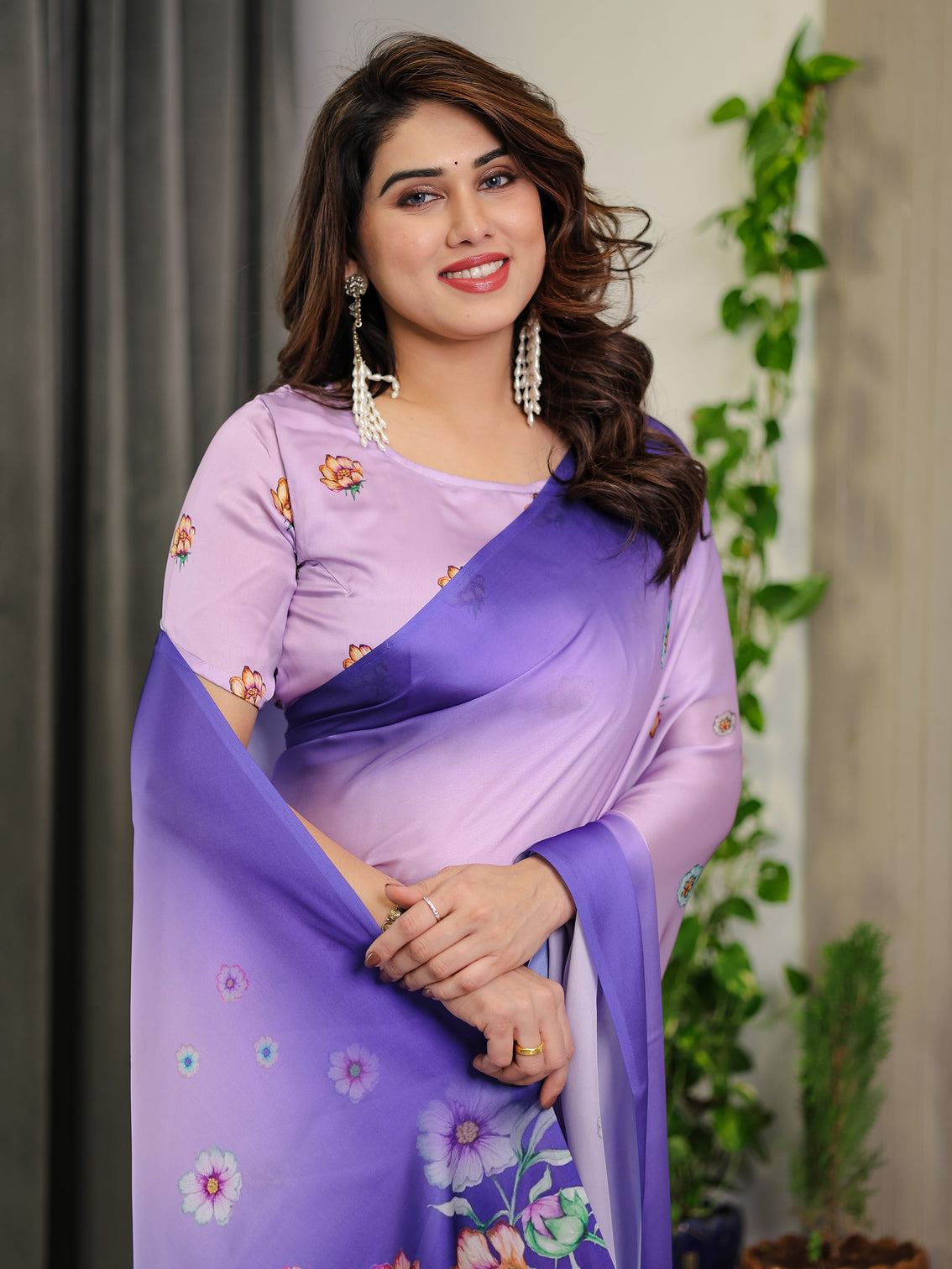 Lavender royal purple ombre satin georgette floral printed saree with attached blouse soft pastel bloom designer drape