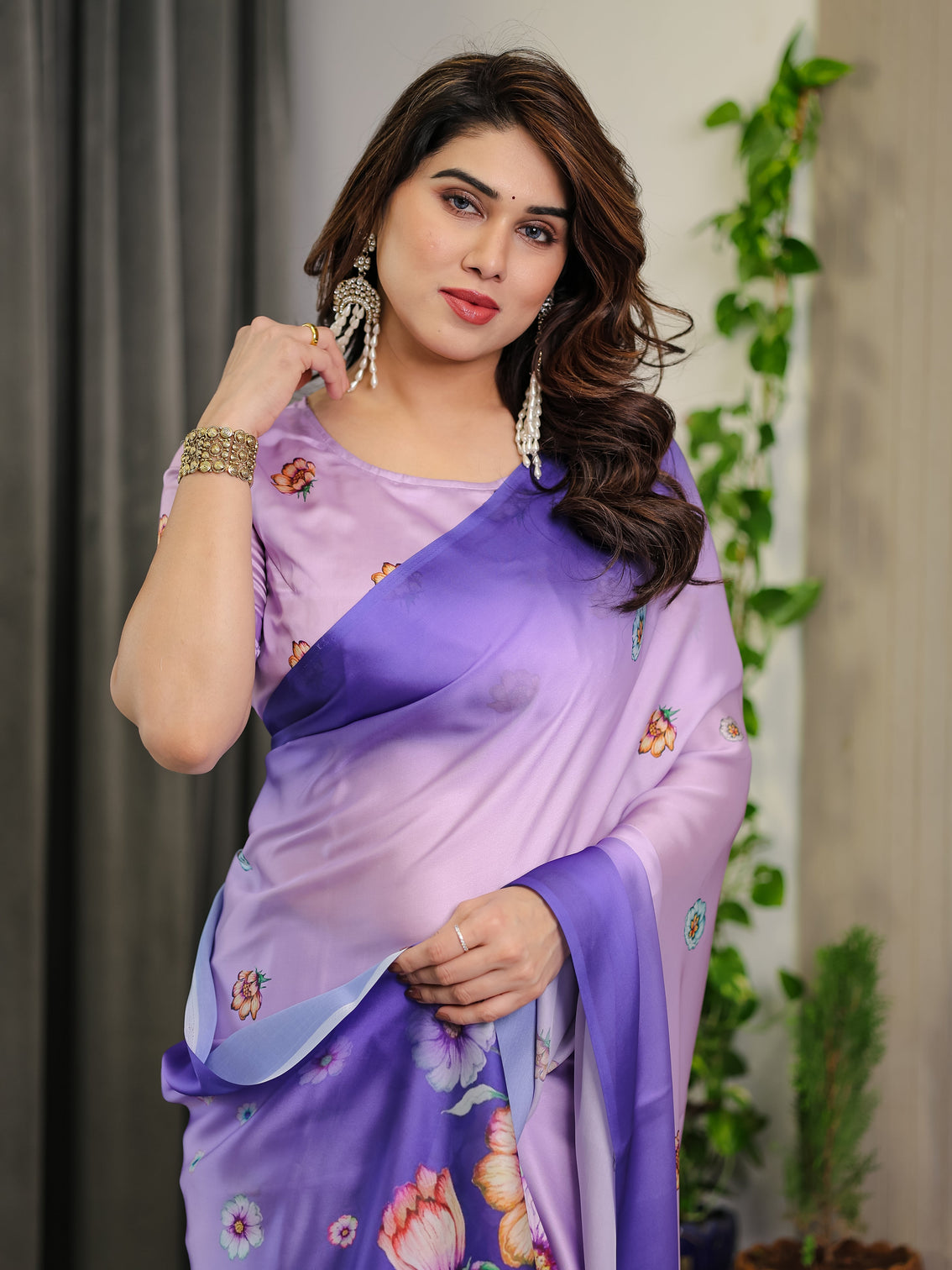 Lavender royal purple ombre satin georgette floral printed saree with attached blouse soft pastel bloom designer drape