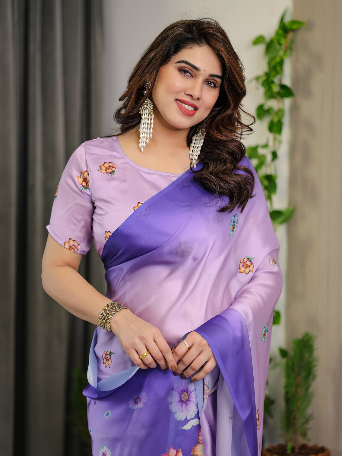 Lavender royal purple ombre satin georgette floral printed saree with attached blouse soft pastel bloom designer drape