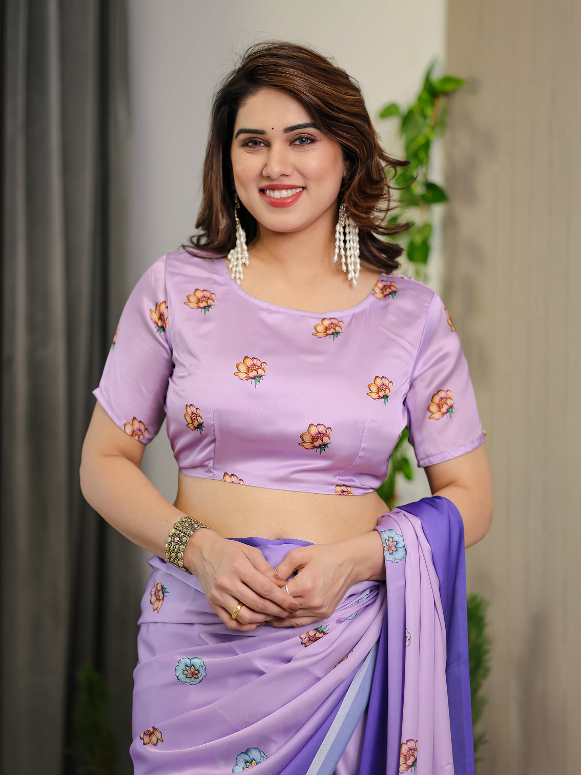 Lavender royal purple ombre satin georgette floral printed saree with attached blouse soft pastel bloom designer drape