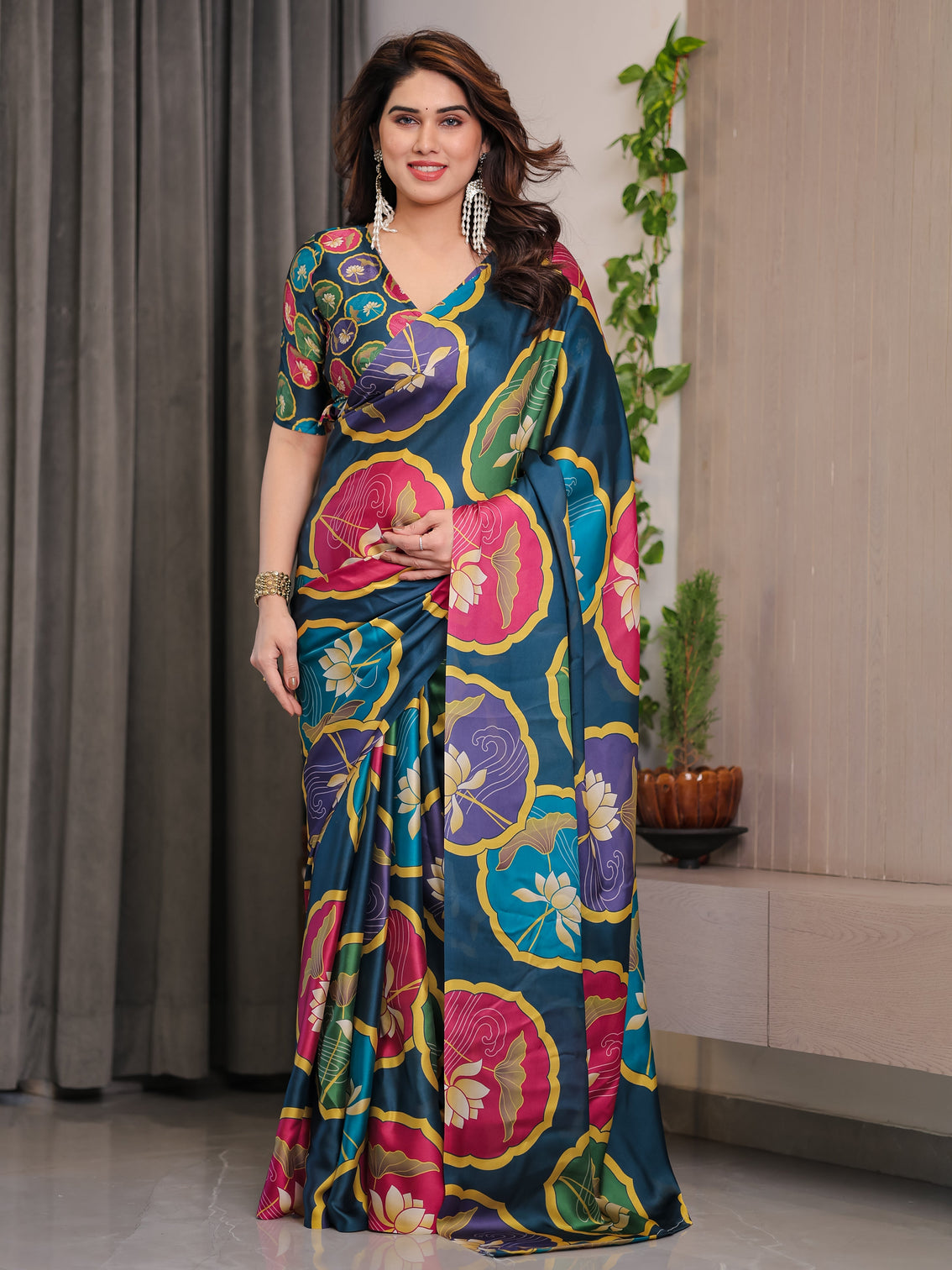 Teal blue satin georgette lotus medallion printed saree with attached blouse multicolour floral designer drape