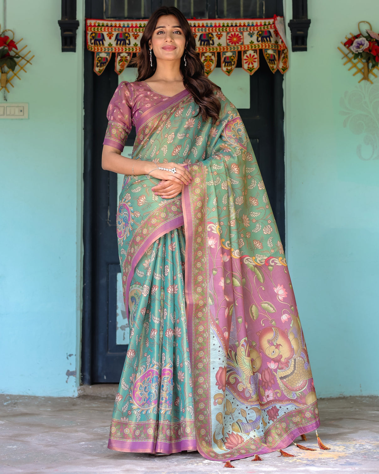 Aqua green lilac handloom cotton saree with floral vine print majestic bird pallu mameraa