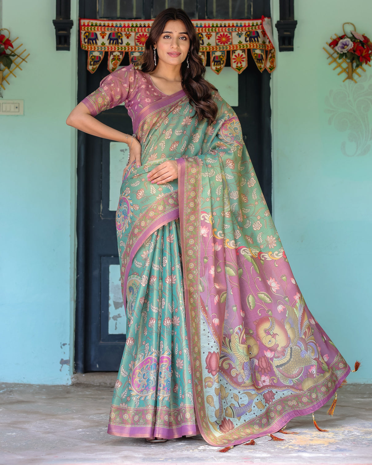 Aqua green lilac handloom cotton saree with floral vine print majestic bird pallu