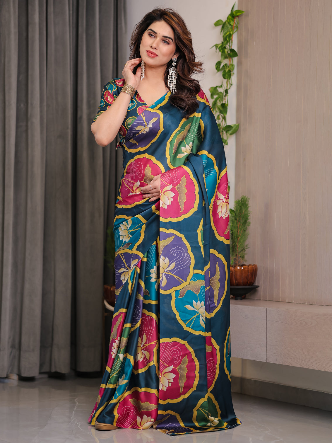 Teal blue satin georgette lotus medallion printed saree with attached blouse multicolour floral designer drape