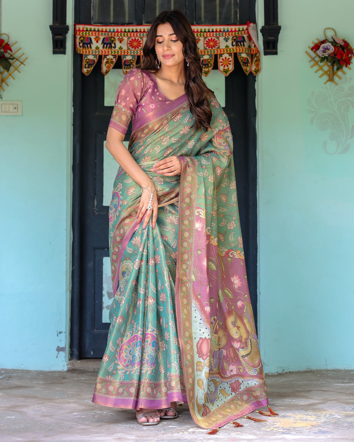 Aqua green lilac handloom cotton saree with floral vine print majestic bird pallu