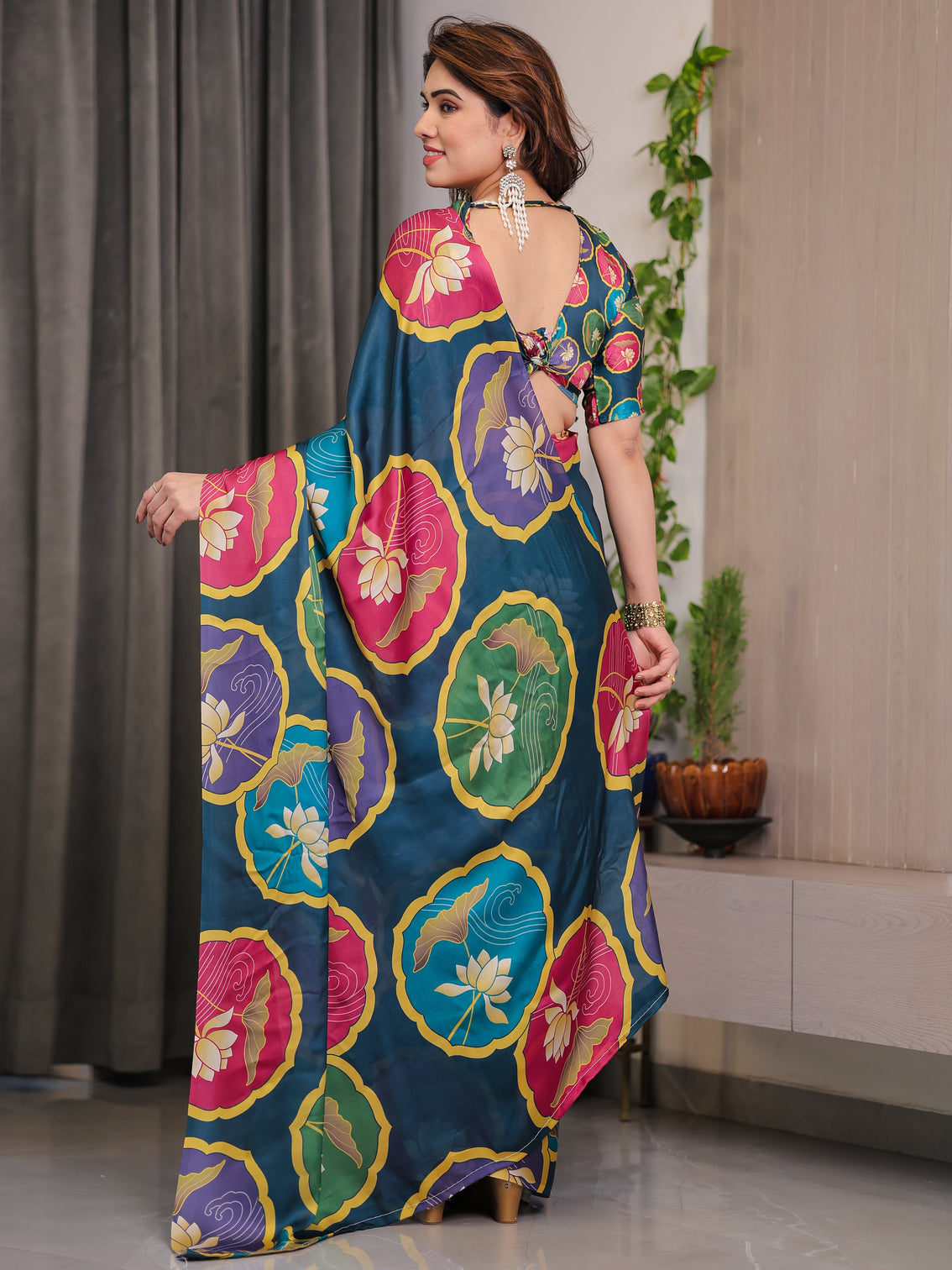 Teal blue satin georgette lotus medallion printed saree with attached blouse multicolour floral designer drape