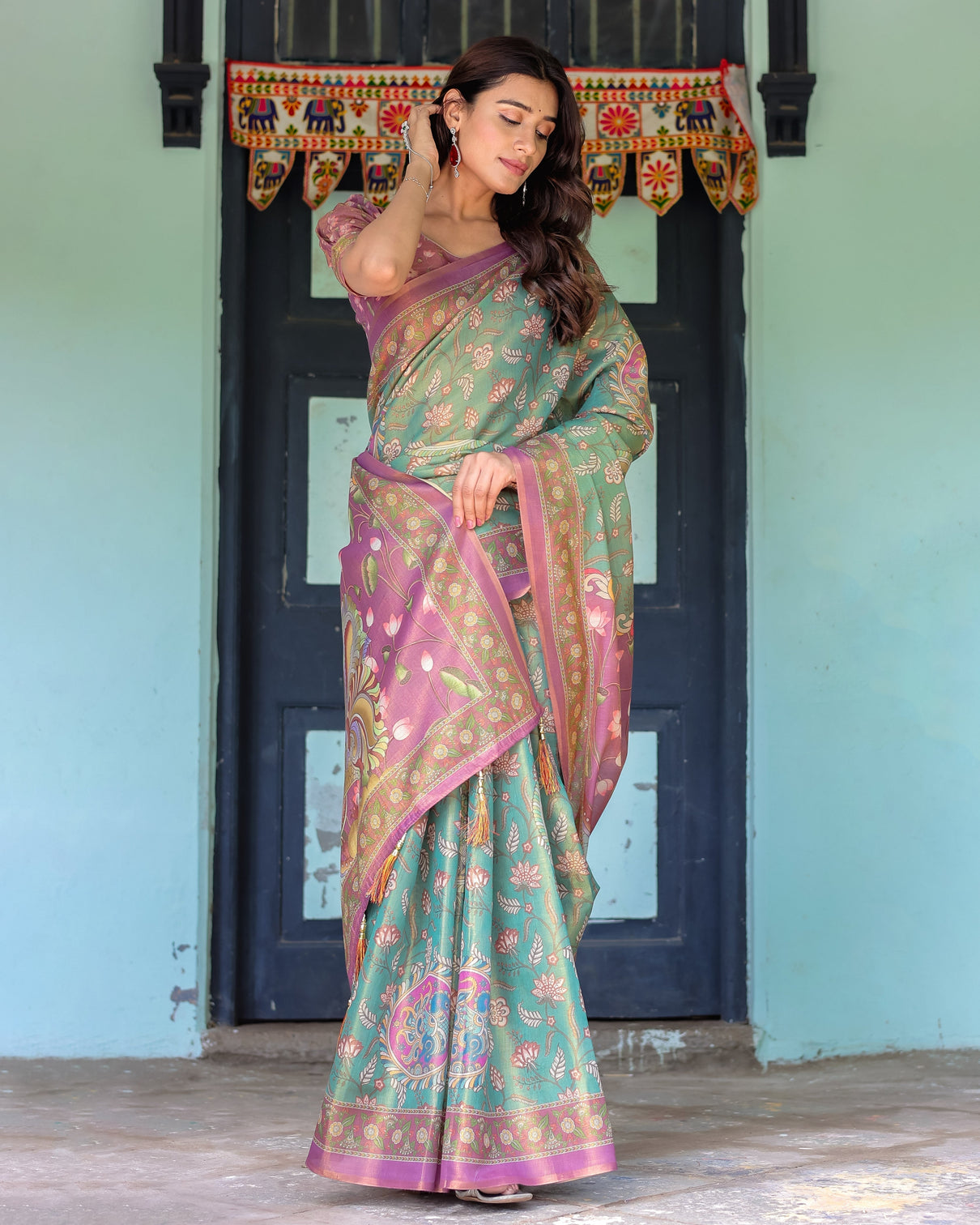Aqua green lilac handloom cotton saree with floral vine print majestic bird pallu
