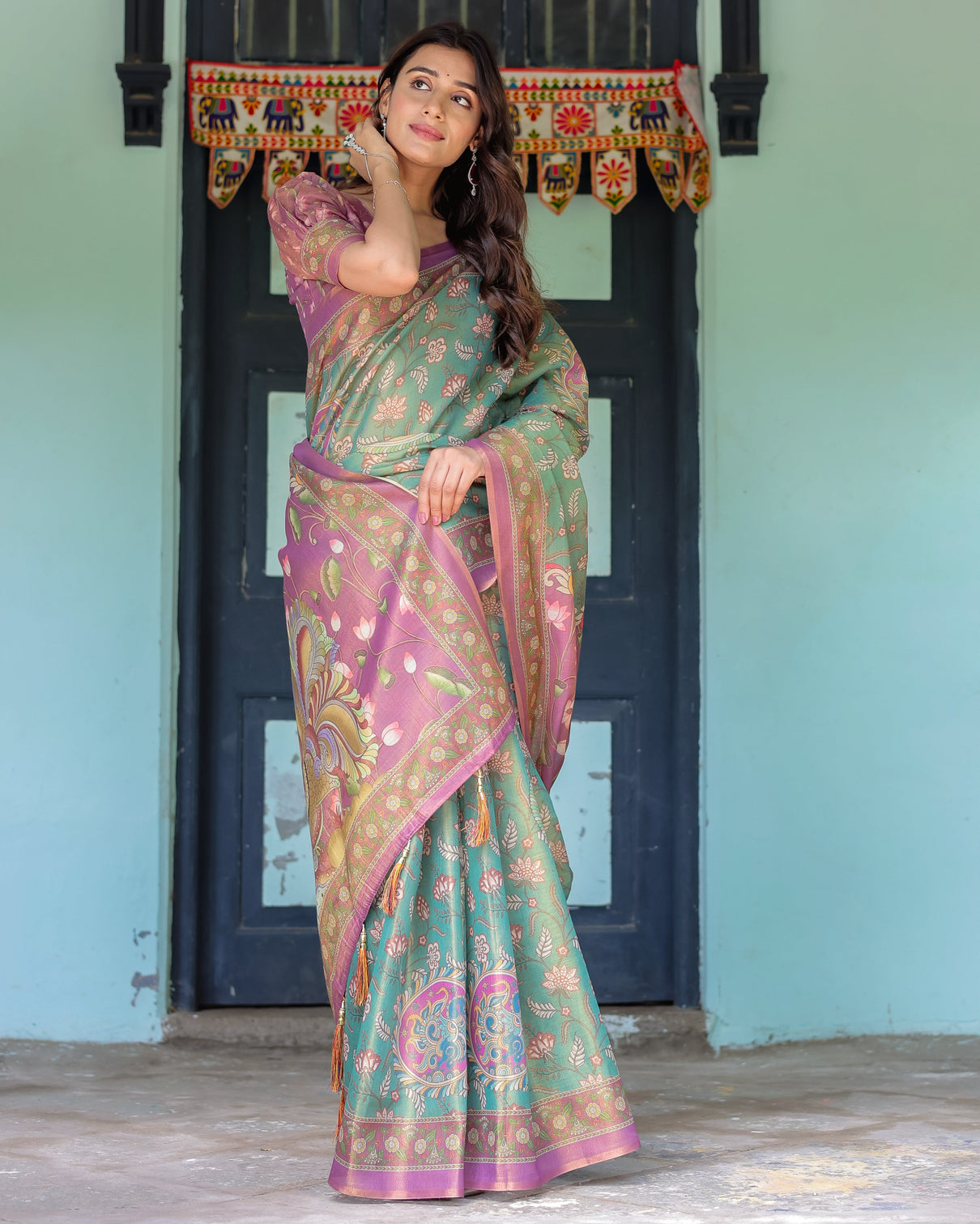 Aqua green lilac handloom cotton saree with floral vine print majestic bird pallu
