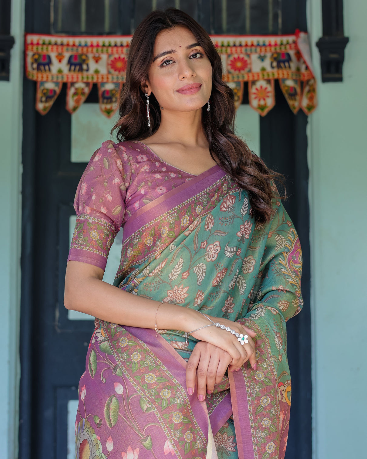 Aqua green lilac handloom cotton saree with floral vine print majestic bird pallu