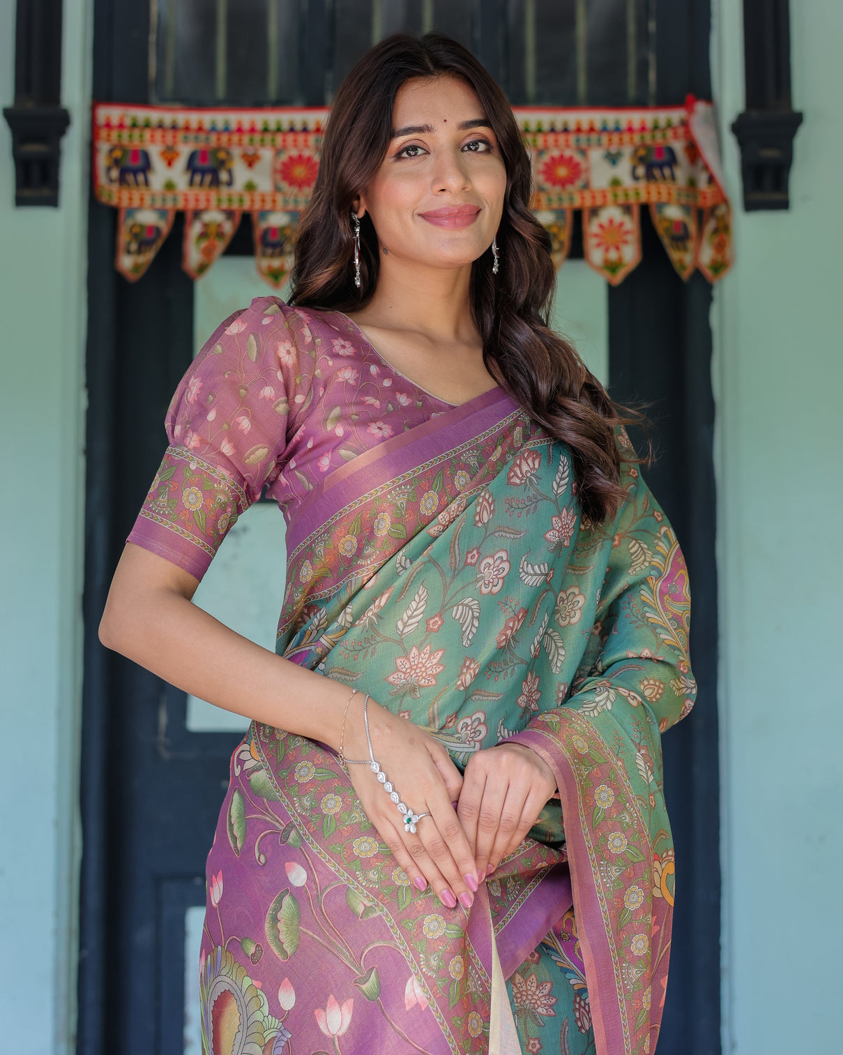 Aqua green lilac handloom cotton saree with floral vine print majestic bird pallu