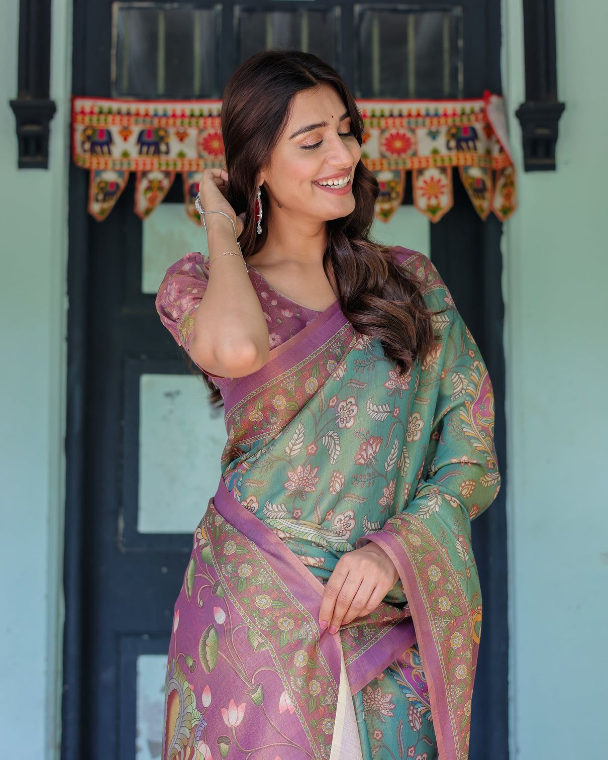 Aqua green lilac handloom cotton saree with floral vine print majestic bird pallu
