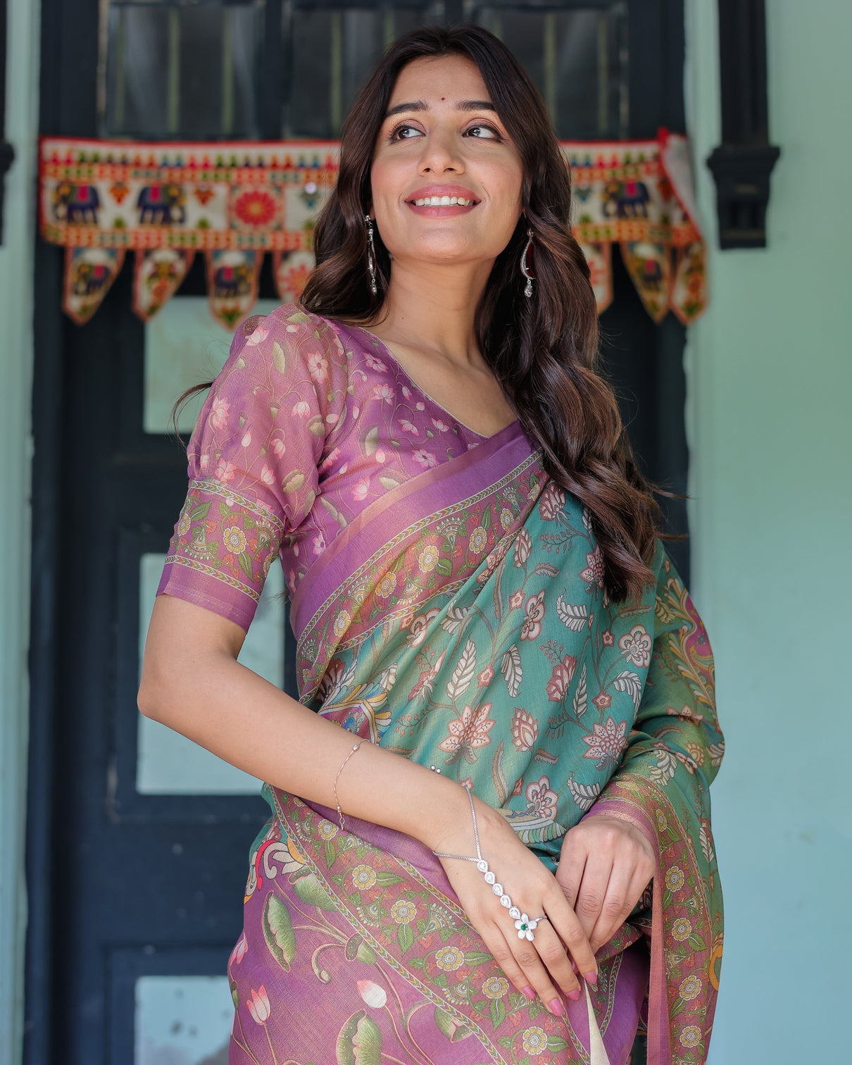 Aqua green lilac handloom cotton saree with floral vine print majestic bird pallu