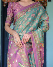 Aqua green lilac handloom cotton saree with floral vine print majestic bird pallu