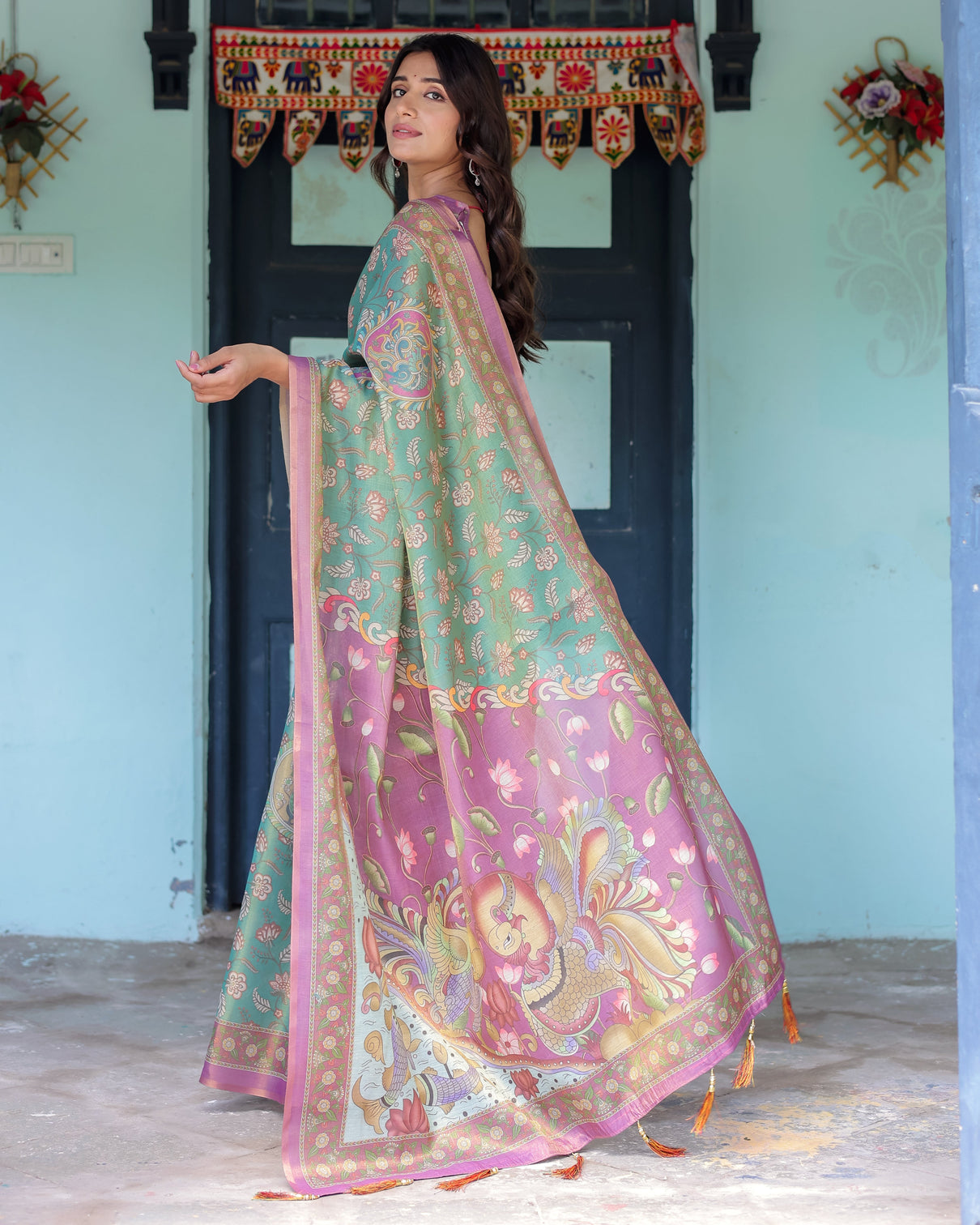 Aqua green lilac handloom cotton saree with floral vine print majestic bird pallu