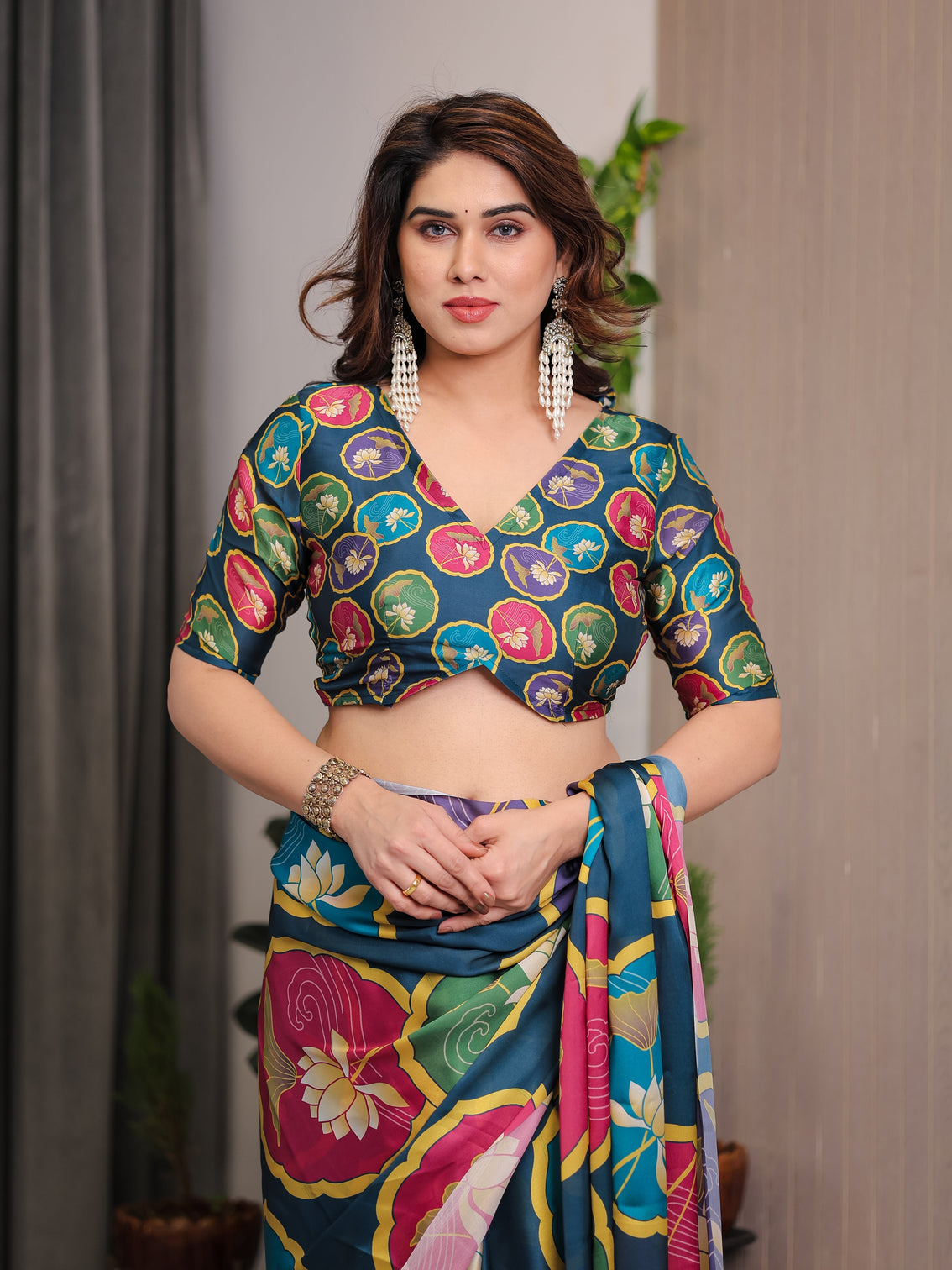 Teal blue satin georgette lotus medallion printed saree with attached blouse multicolour floral designer drape