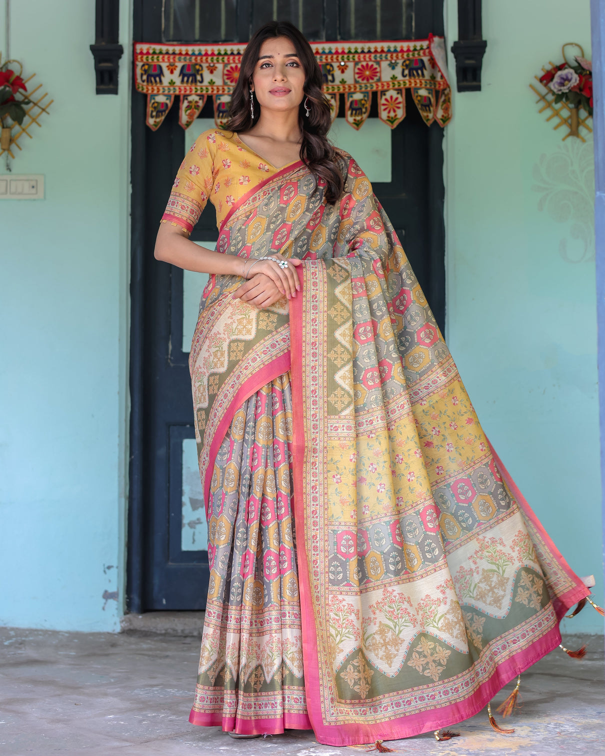 Multicolor buti floral panel handloom cotton saree with pink green pallu art mameraa