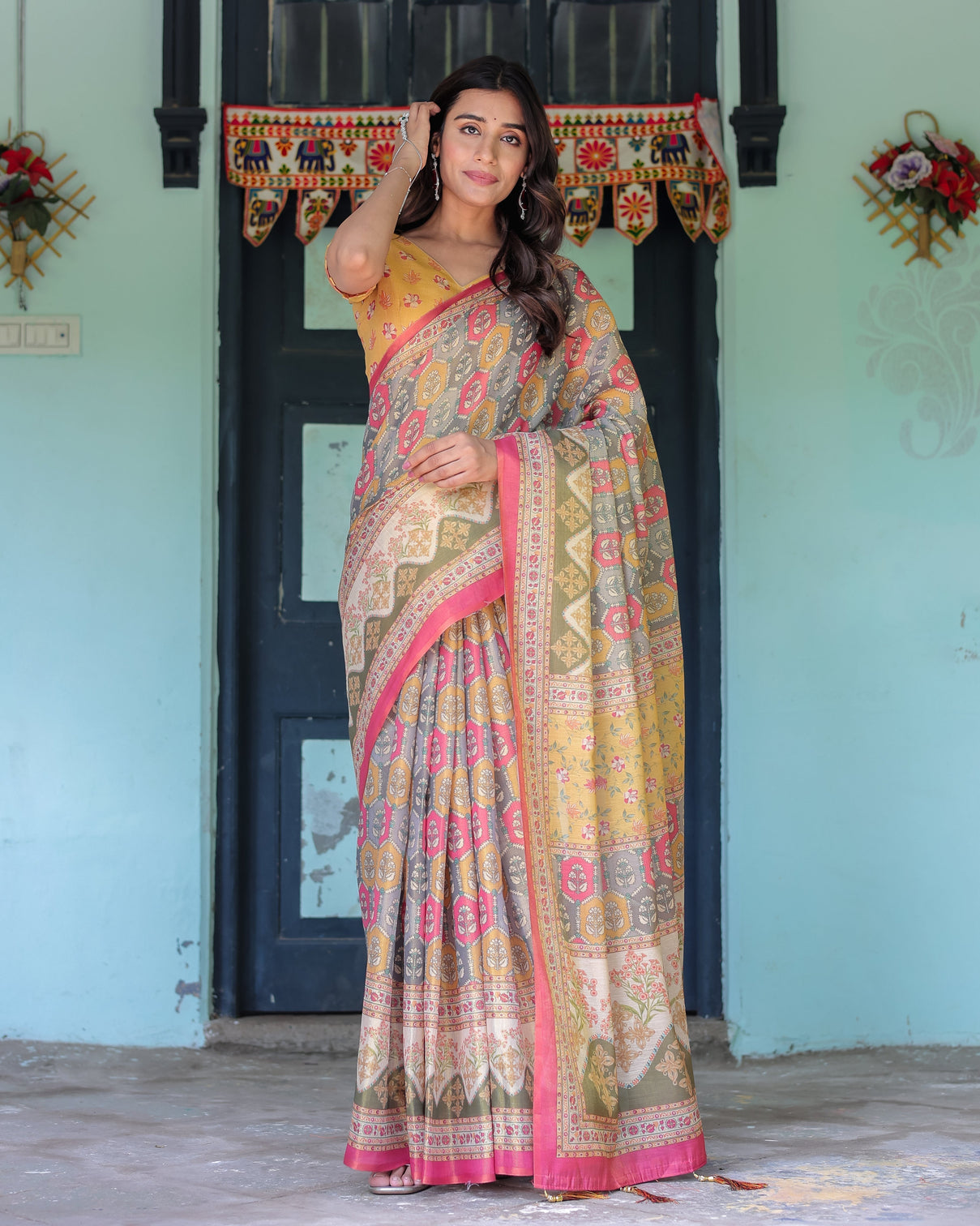 Multicolor buti floral panel handloom cotton saree with pink green pallu art