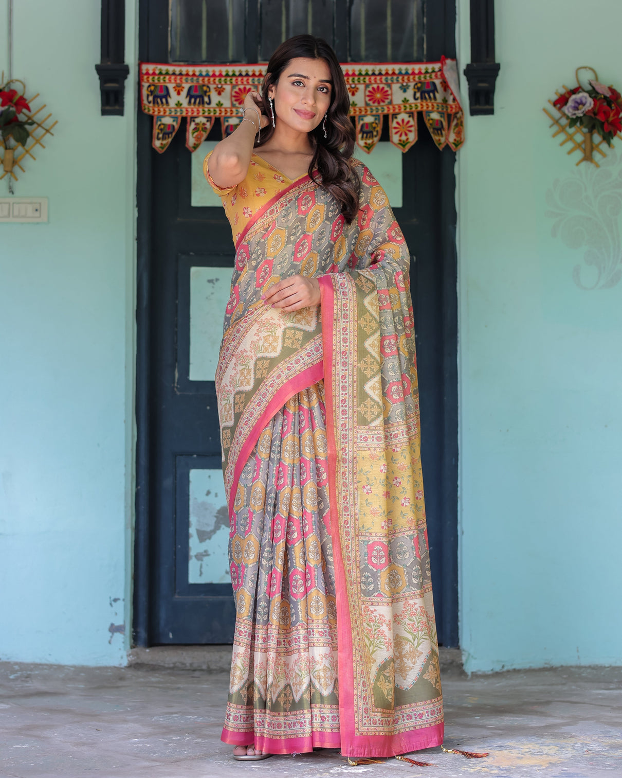 Multicolor buti floral panel handloom cotton saree with pink green pallu art