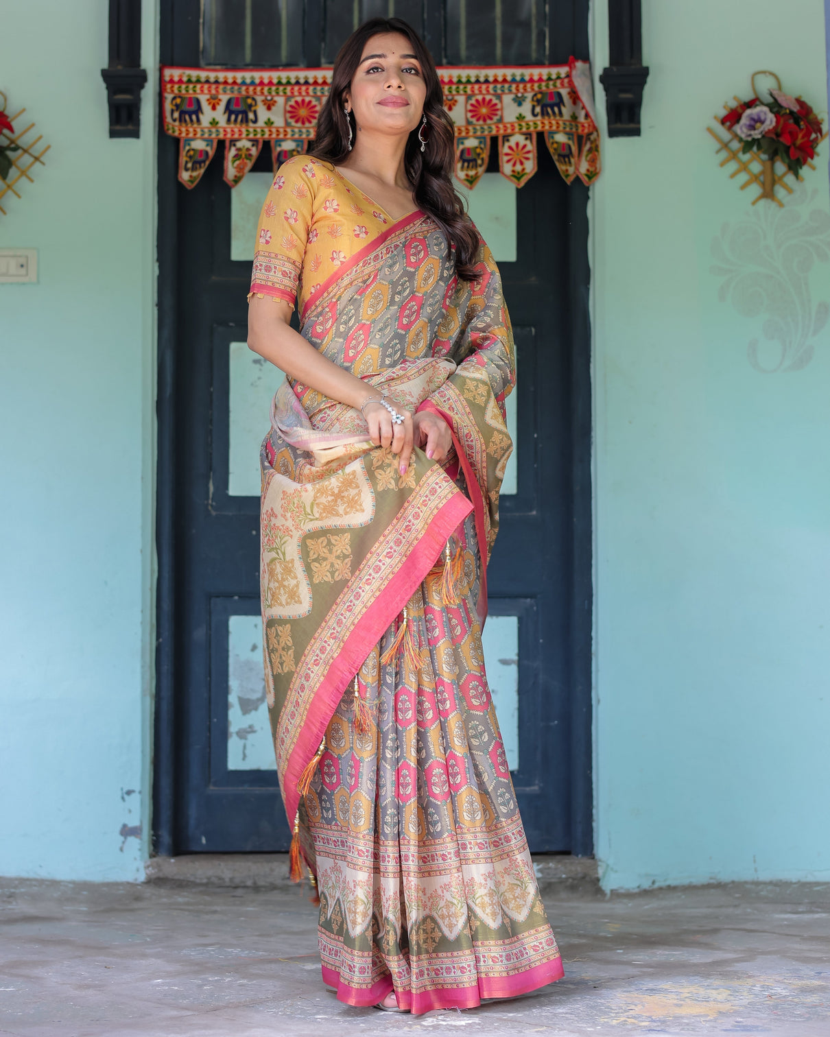 Multicolor buti floral panel handloom cotton saree with pink green pallu art