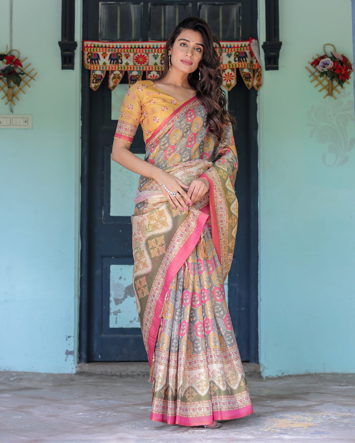 Multicolor buti floral panel handloom cotton saree with pink green pallu art