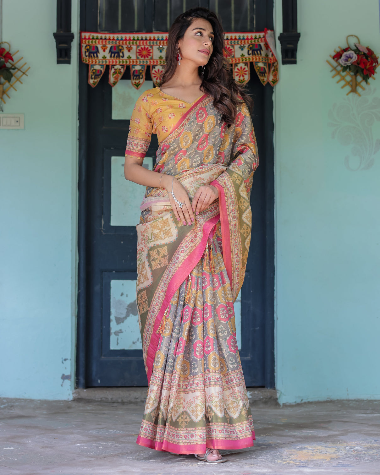 Multicolor buti floral panel handloom cotton saree with pink green pallu art