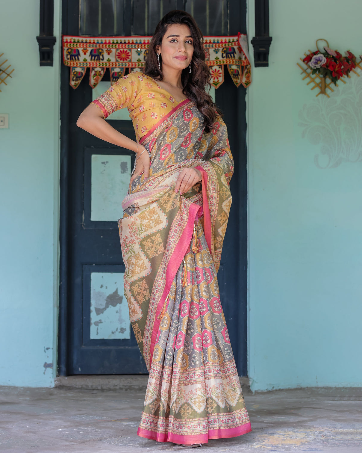 Multicolor buti floral panel handloom cotton saree with pink green pallu art