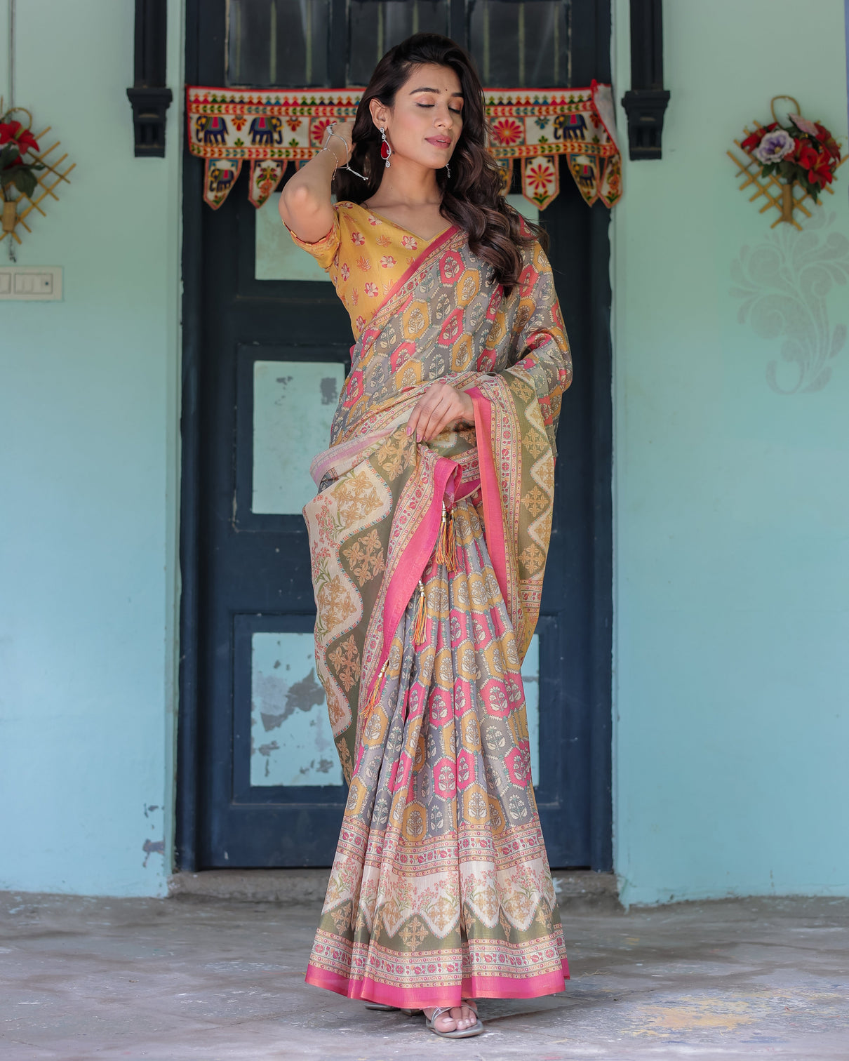 Multicolor buti floral panel handloom cotton saree with pink green pallu art