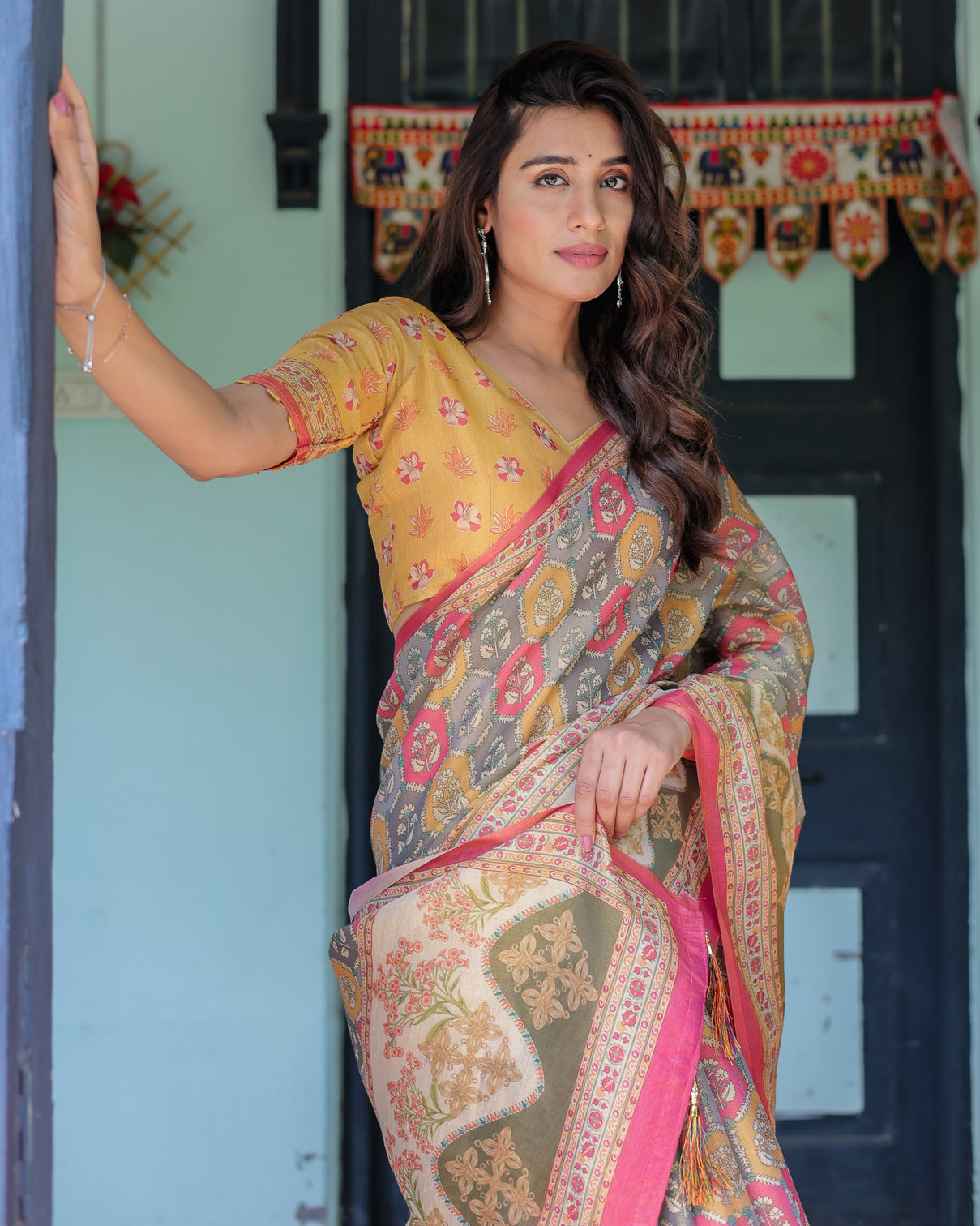 Multicolor buti floral panel handloom cotton saree with pink green pallu art