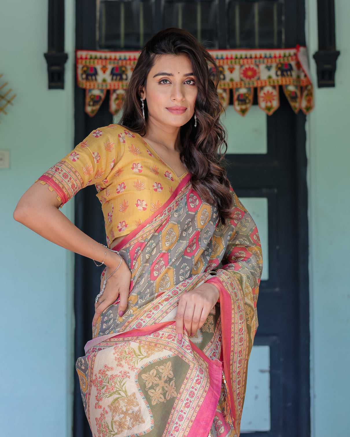 Multicolor buti floral panel handloom cotton saree with pink green pallu art