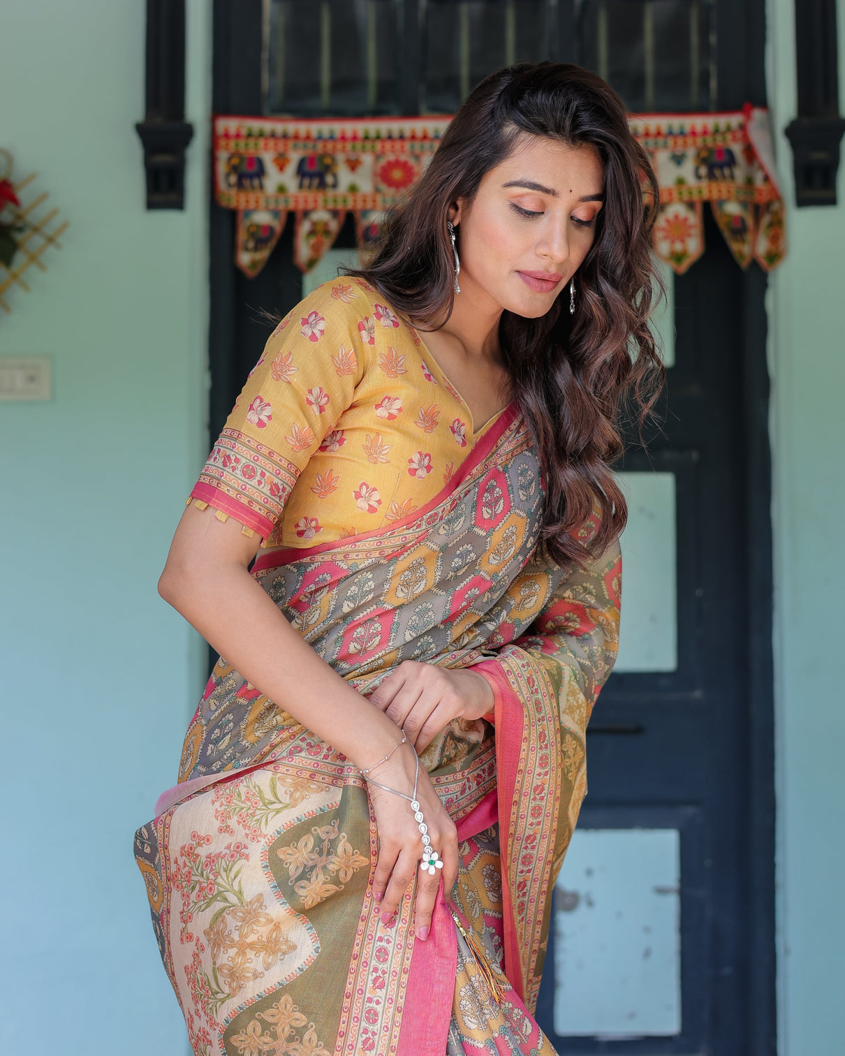 Multicolor buti floral panel handloom cotton saree with pink green pallu art