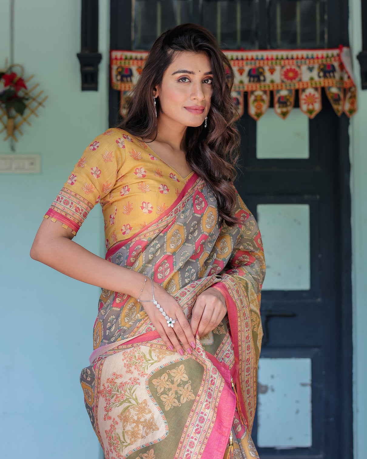 Multicolor buti floral panel handloom cotton saree with pink green pallu art
