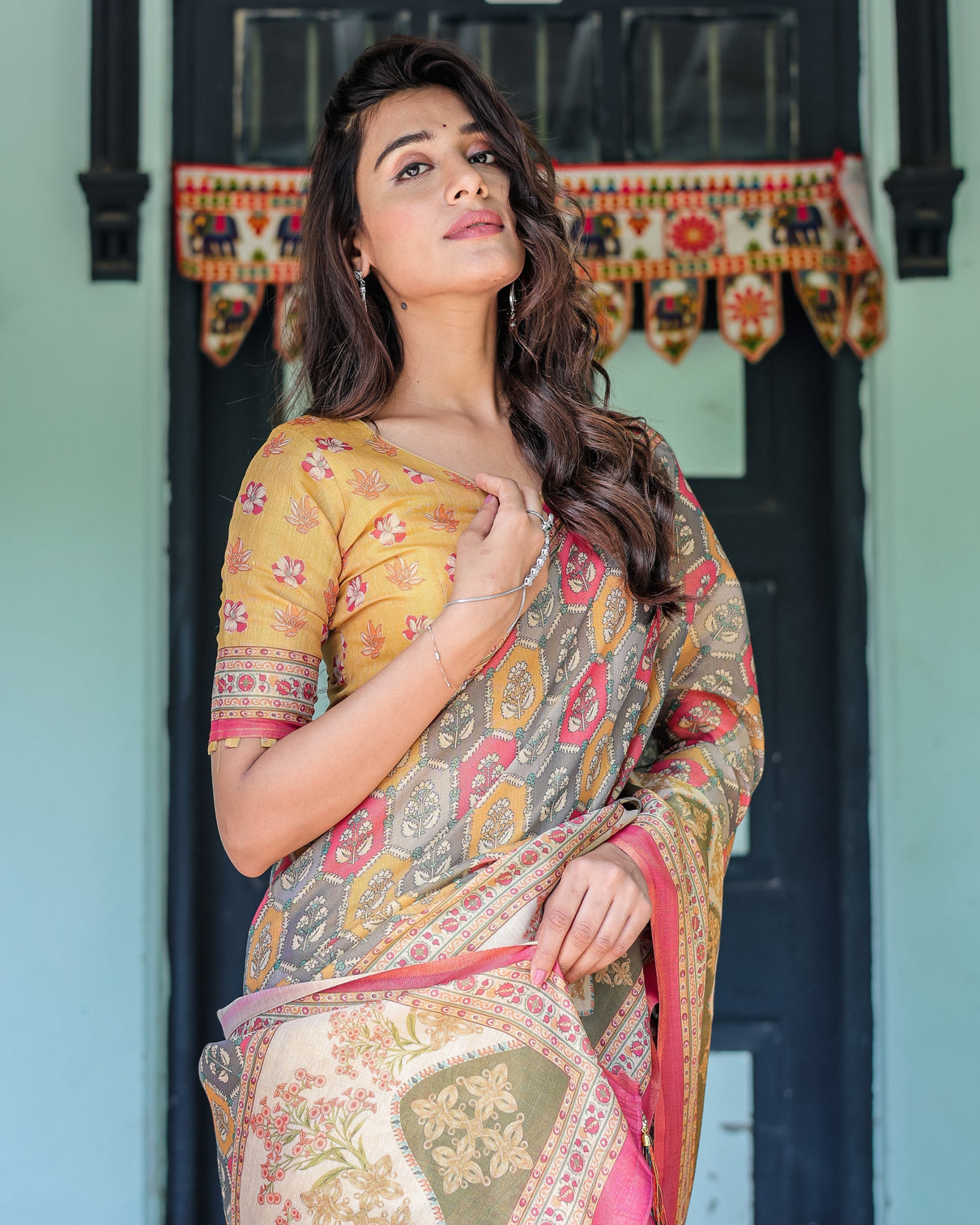 Multicolor buti floral panel handloom cotton saree with pink green pallu art