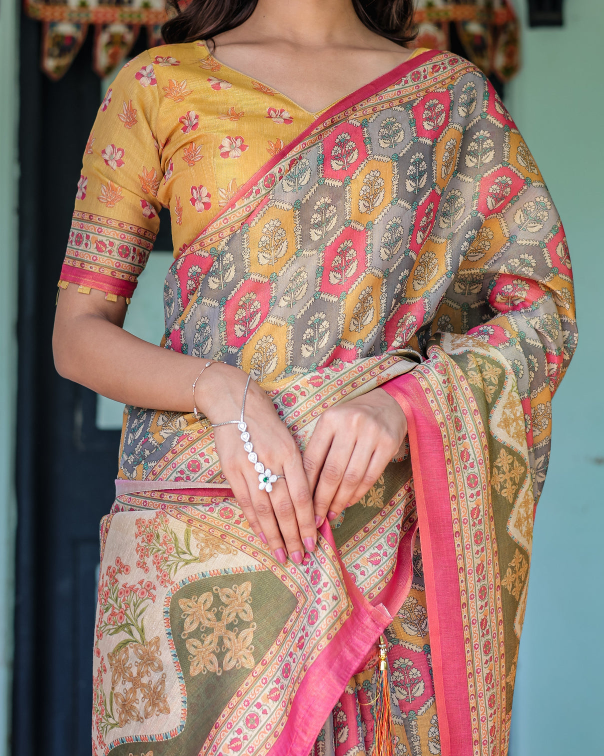 Multicolor buti floral panel handloom cotton saree with pink green pallu art