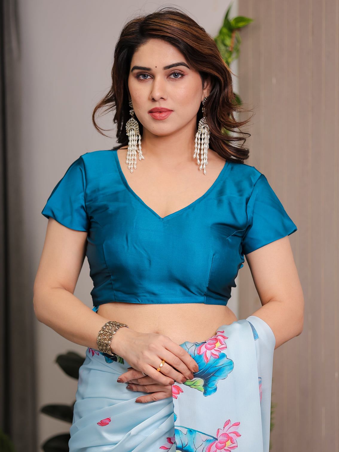 Sky blue satin georgette lotus crane printed saree with attached blouse serene nature inspired designer drape
