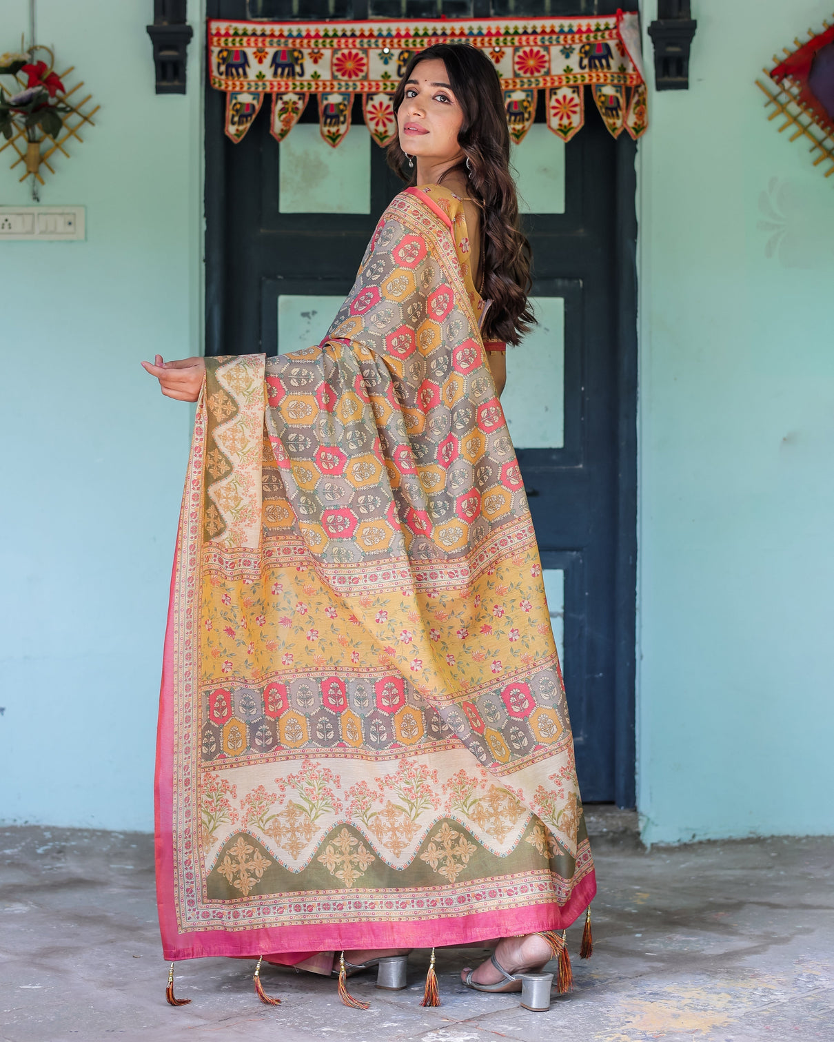 Multicolor buti floral panel handloom cotton saree with pink green pallu art