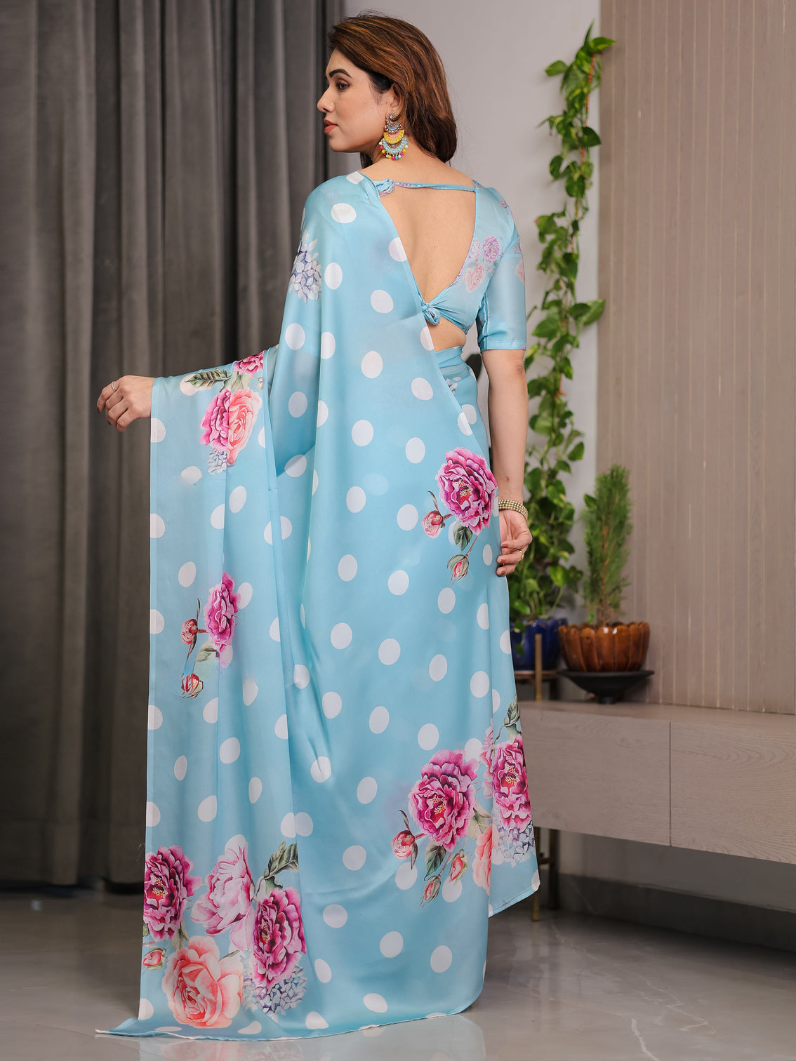 Sky blue satin georgette polka dot floral printed saree with attached blouse chic rose bloom designer drape