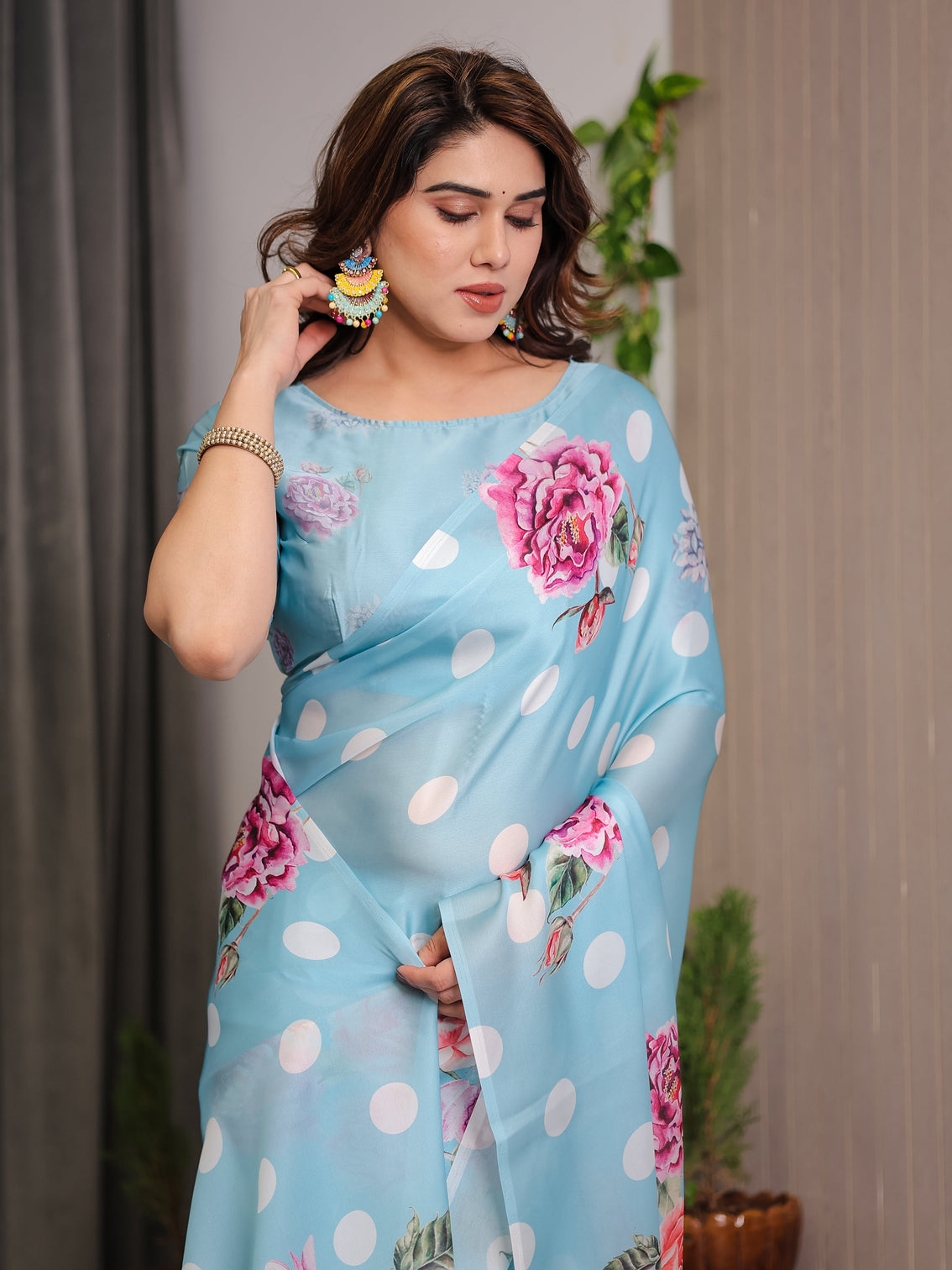 Sky blue satin georgette polka dot floral printed saree with attached blouse chic rose bloom designer drape