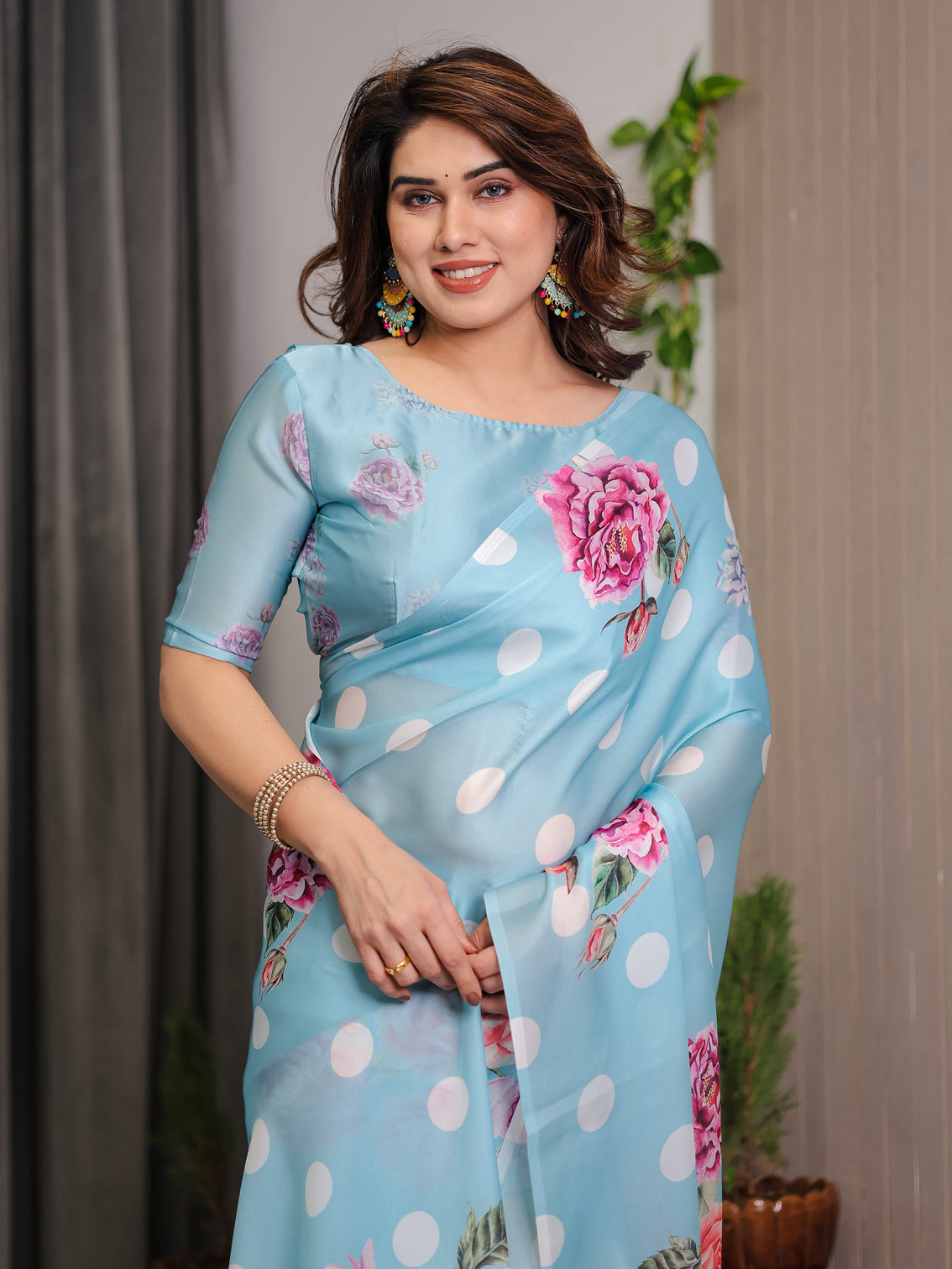 Sky blue satin georgette polka dot floral printed saree with attached blouse chic rose bloom designer drape
