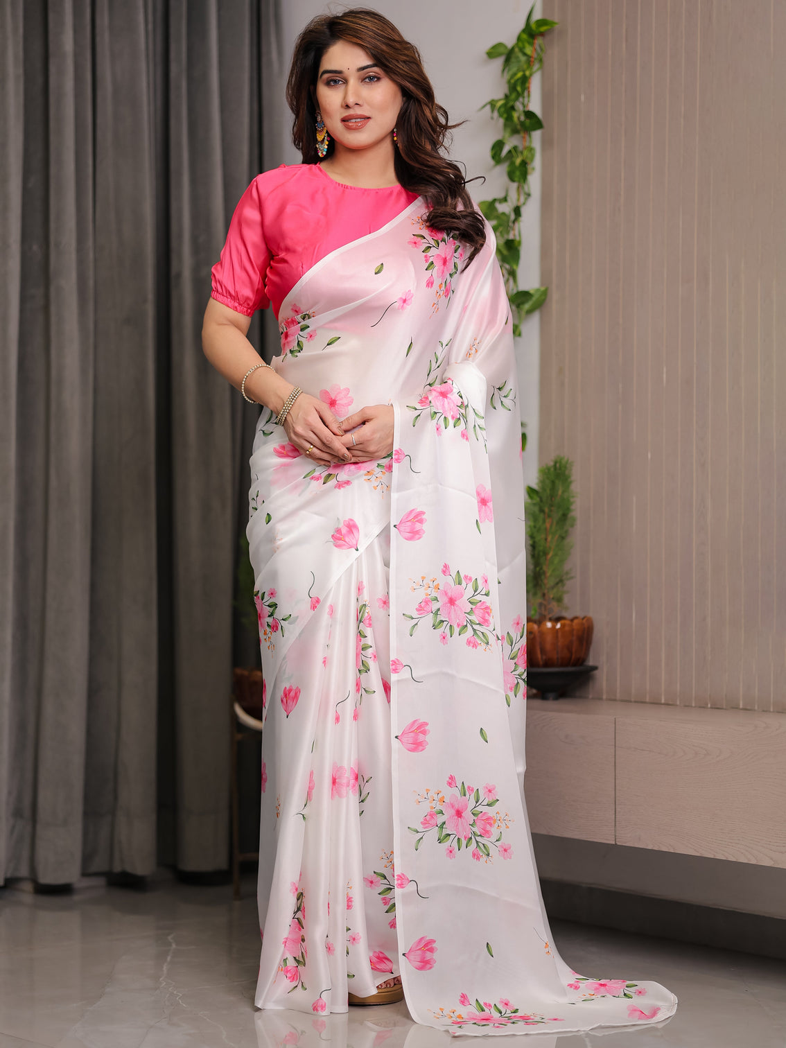 Ivory white satin georgette floral printed saree with pink blouse soft blossom designer drape mameraa