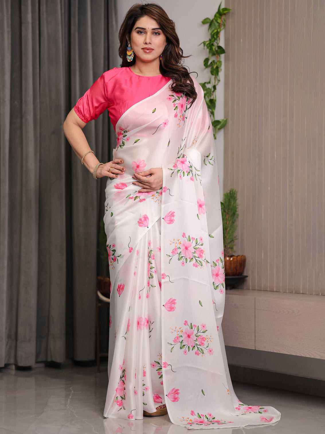 Ivory white satin georgette floral printed saree with pink blouse soft blossom designer drape