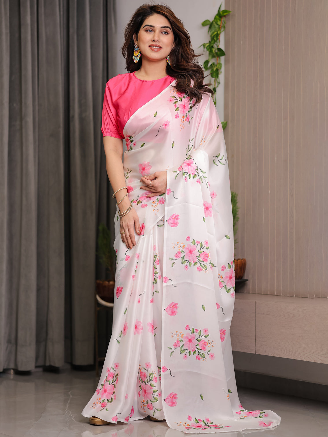 Ivory white satin georgette floral printed saree with pink blouse soft blossom designer drape