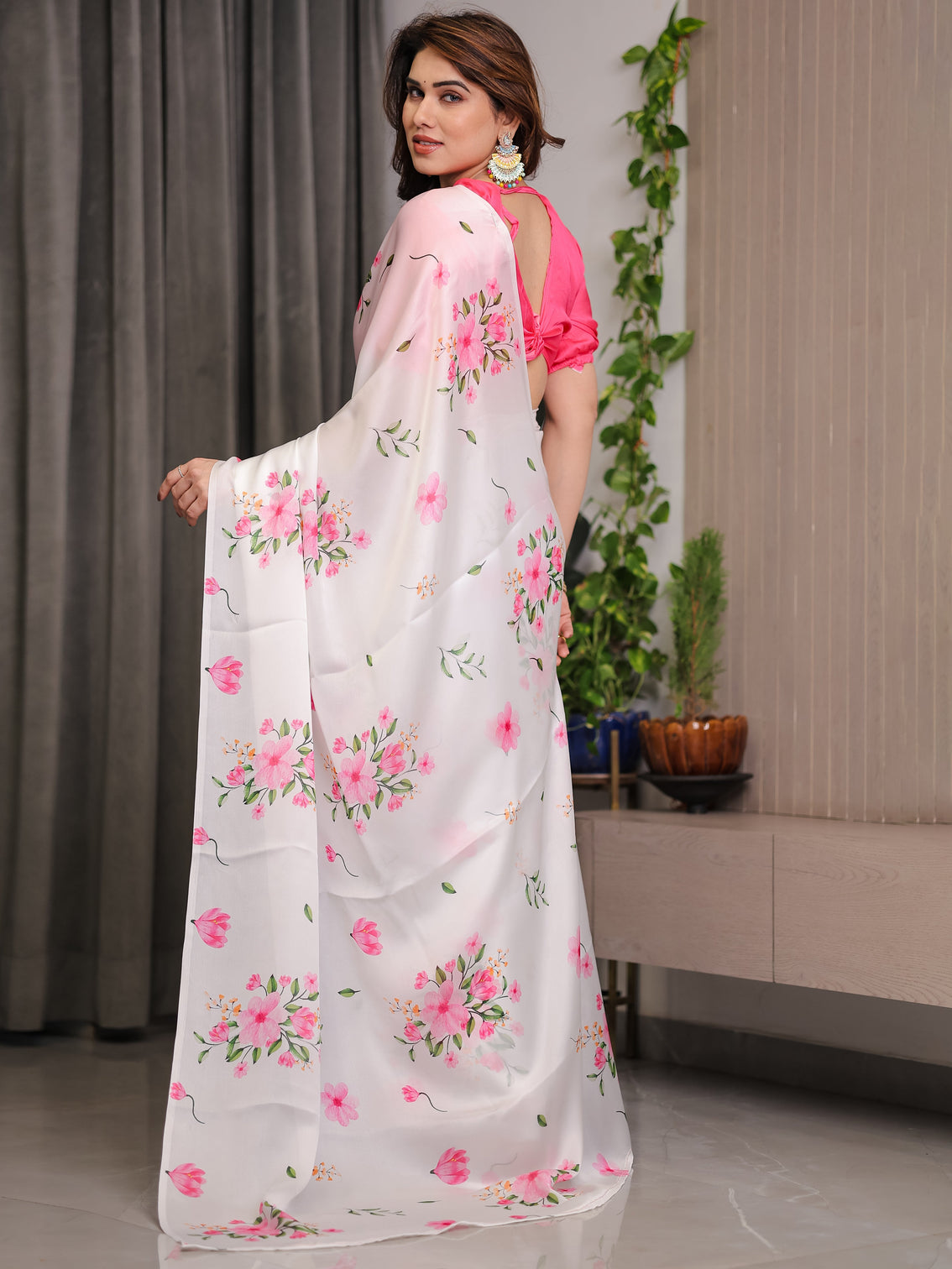 Ivory white satin georgette floral printed saree with pink blouse soft blossom designer drape