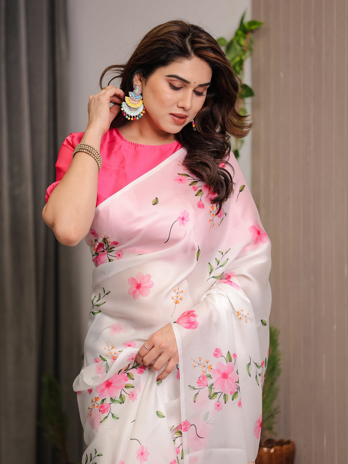 Ivory white satin georgette floral printed saree with pink blouse soft blossom designer drape