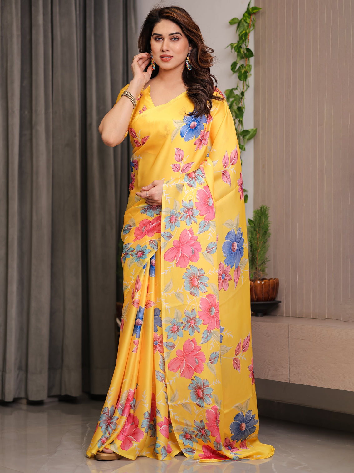 Mustard yellow satin georgette floral printed saree with attached blouse vibrant garden bloom designer drape